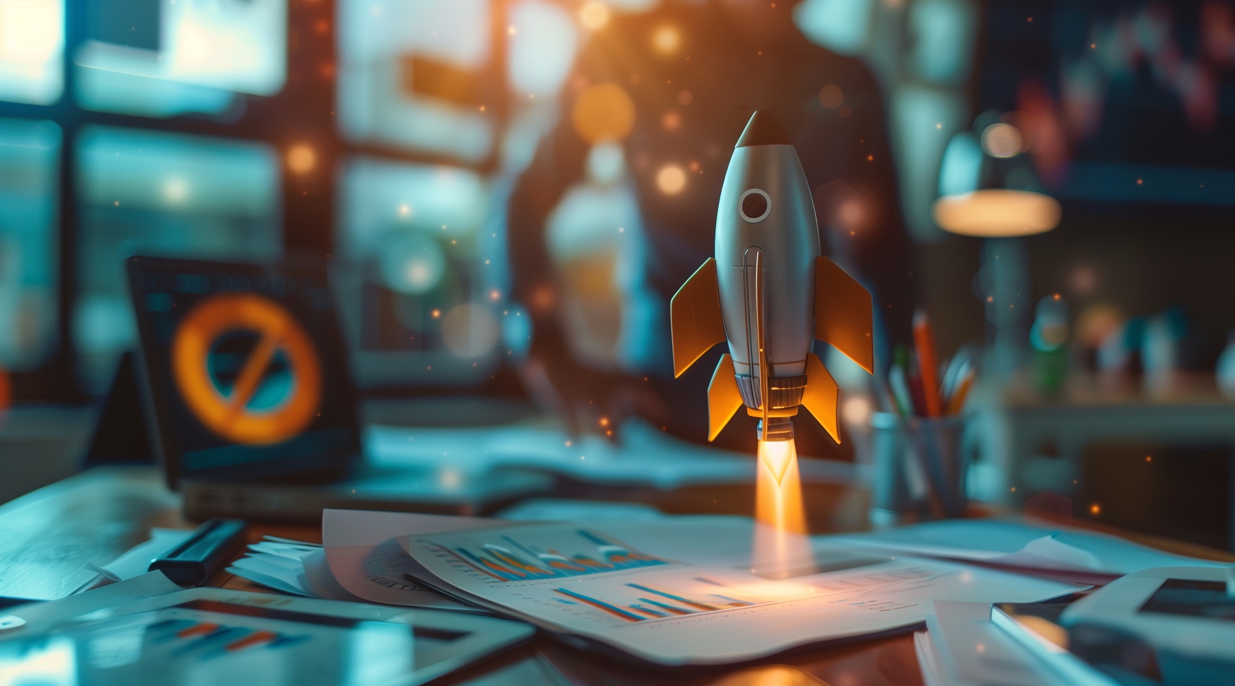 A small rocket taking off from a desk. Blue and orange colour scheme. AdobeStock_737598371